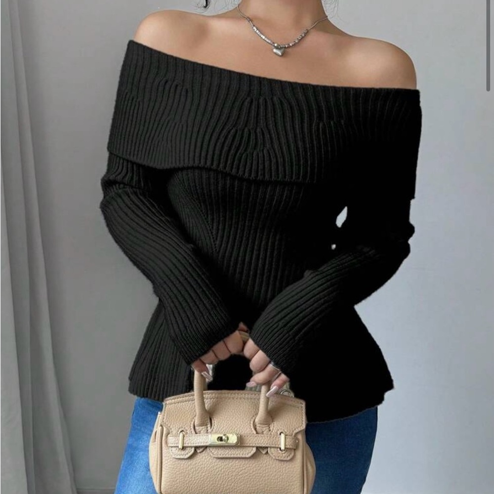 SHEIN Black Off-the-Shoulder Ribbed Sweater